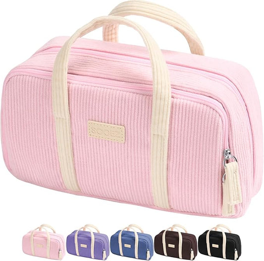 Sooez Large Pencil Case Pouch, Extra Big Pencil Bag with 5 Compartments, Pen Case Wide Opening, Soft Corduroy Pen Bag Organizer with Zipper, Cute Aesthetic School Supplies for Teen Girls, Pink-DeskLoop Office