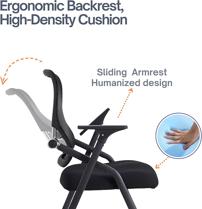 Updated Conference Room Chairs, Folding Office Desk Chair with Lumbar Support and Sliding Armrest with Casters, Stackable Office Guest Chairs & Reception Chairs, 1 Pack Black-DeskLoop Office