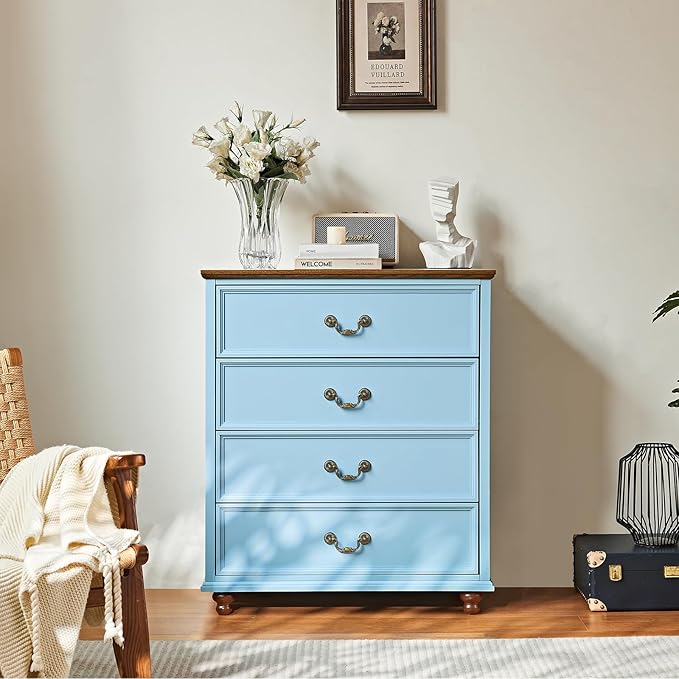 Farmhouse 4 Drawer Dresser for Bedroom, 37" Tall Rustic Chests of Drawers w/ 4 Solid Wood Feet, Mid Century Modern Wooden Closet Storage Dressers Organizer for Living Room, Hallway, LightBlue-DeskLoop Office
