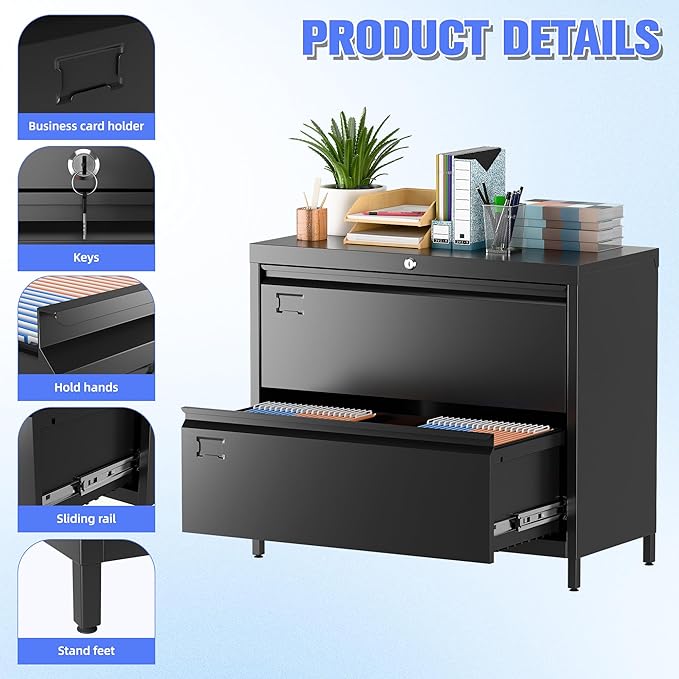 Metal 2 Drawer Lateral File Cabinet with Lock & Adjustable Feet - Wide Filing Cabinet for Letter/Legal/F4/A4 Hanging Files - Includes Business Card Holder,Home Office School Storage,Black-DeskLoop Office