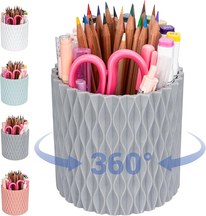 Pencil Holder - 360° Rotation, 5 Slot Desk Supplies by 4Johor