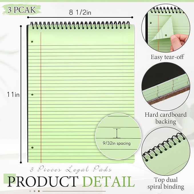 3 Packs 8.5" x 11" Top Spiral Notebook with 3 Hole Punched Legal Pads College Ruled Notepad 50 Sheets Hard Cardboard Paper Wirebound Notepad for Office School Business (Green)-DeskLoop Office