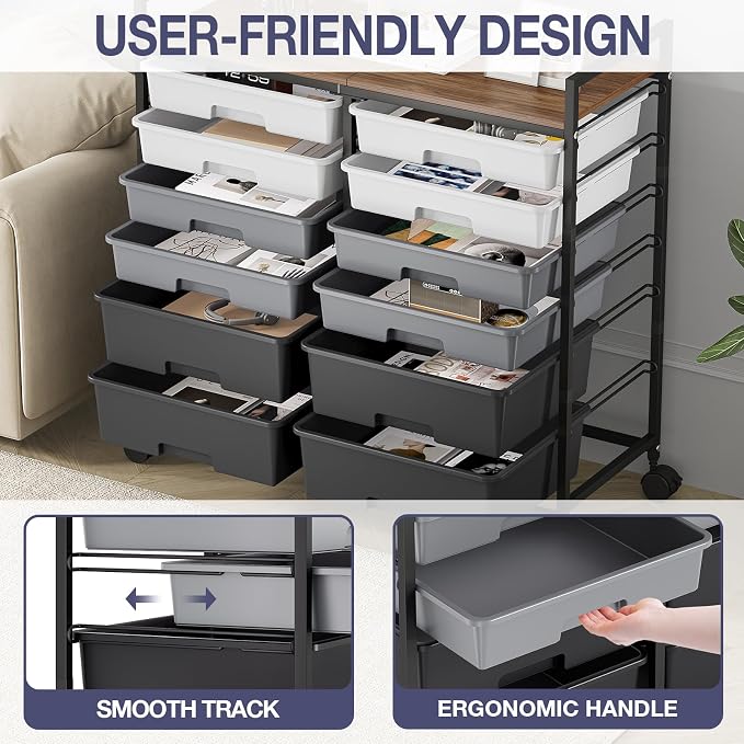 Rolling Storage Cart with 12 Drawers, Wooden Tabletop Utility Cart - Image 5
