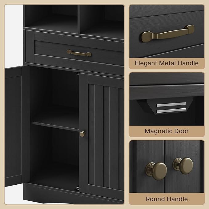 Gizoon 71'' Tall Storage Cabinet, Kitchen Pantry Cabinet with Doors & Drawers, Wooden Storage Organizer for Living Room, Office, Kitchen, with Adjustable Shelves, Anti-tip, Metal Handle, Black-DeskLoop Office