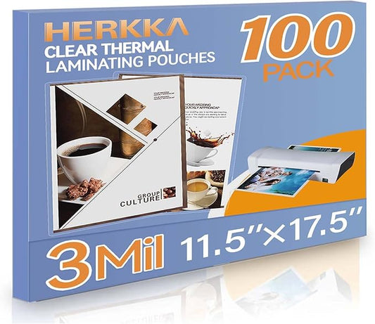 HERKKA 100 Pack Laminating Sheets, Hold 11 x 17 Inch Sheet, 3 Mil Clear Thermal Laminating Pouches 11.5 x 17.5 Inch Lamination Sheet Paper for Laminator, Round Corner-DeskLoop Office