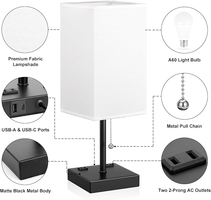 White Medium Table Lamp with USB Ports - Image 5