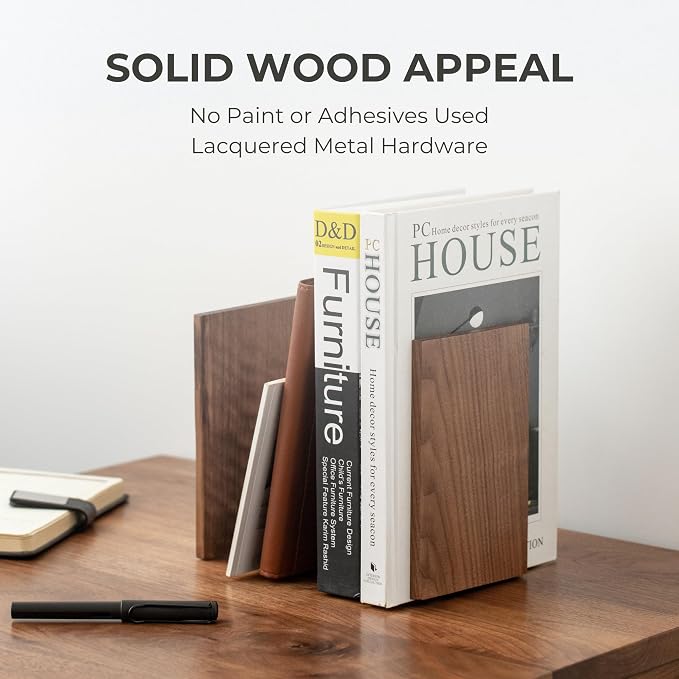Muso Wood Handmade Walnut Book Ends, Non-Skid Bookends - Image 4