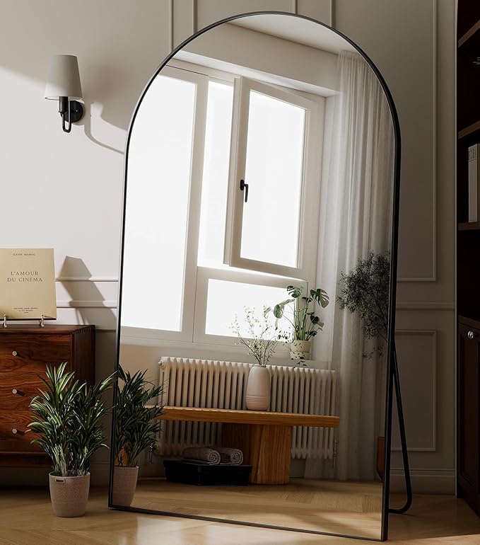 GLSLAND 72" x 44" Arched Full Length Mirror - Oversized Aluminum Alloy Frame Full Body Floor Mirrors with Stand Wall Mounted for Bedroom/Living Room, Black-DeskLoop Office
