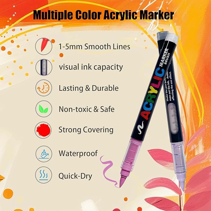 36 Colors Acrylic Paint Markers Set, Soft Brush Tip Pens for Rock, Wood, Canvas, Glass, Ceramic, Fabric, DIY Craft Projects – Waterproof, Quick-Dry, Vibrant Ink for Artists & Beginners-DeskLoop Office