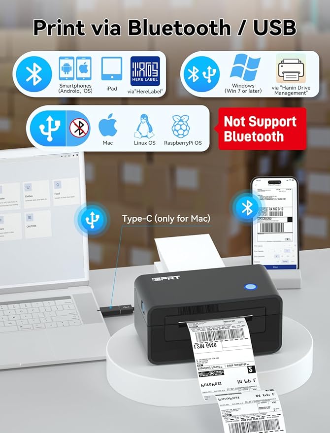 iDPRT Bluetooth Thermal Shipping Label Printer for Phone, 4x6, Supports Windows/Mac/iOS/Android, Ideal for Small Business and Shipping Packages-DeskLoop Office