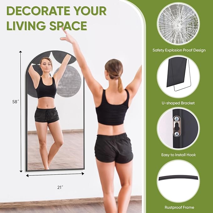 Full-Length Floor Mirror with Stand, 58"x21" Arched Style Full Body Standing Mirror for Bedroom, Living Room, Gym, Dorm - Shatter-Resistant & Easy Assembly, Black-DeskLoop Office