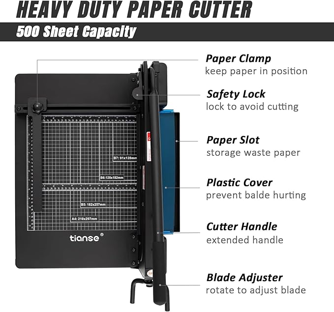 TIANSE Heavy Duty Guillotine Paper Cutter A4 12" Guillotine Paper Cutter 500 Sheet Capacity Solid Steel Construction with Double Safety Protection Perfect for Trimming Paper Cardstock Matboard Black-DeskLoop Office