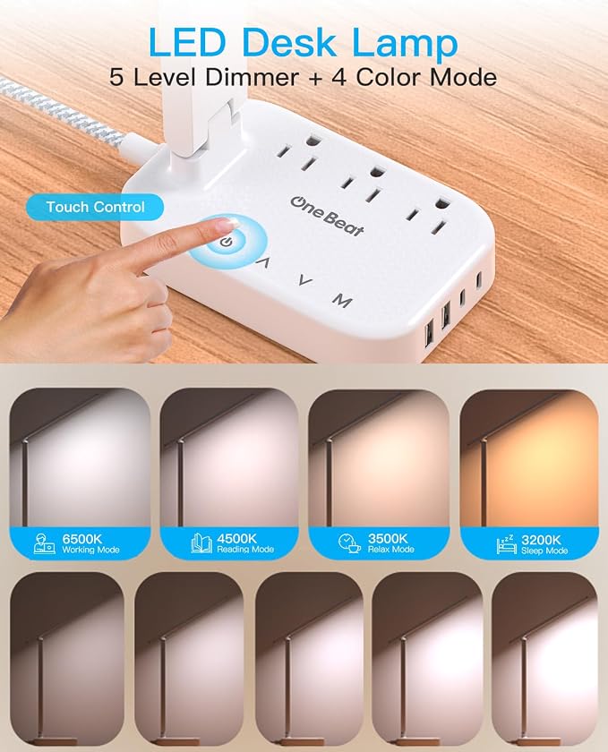 One Beat Small LED Desk Lamp Power Strip 10ft Extension Cord, 3 Outlets 4 USB - Image 2
