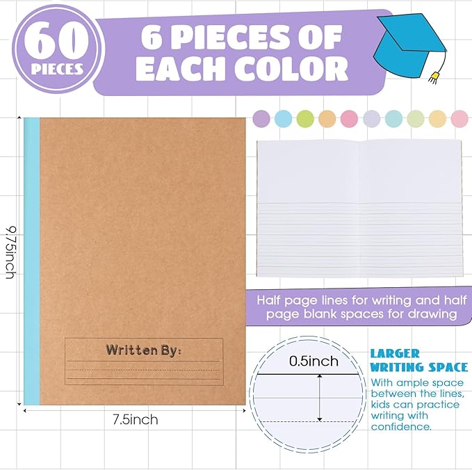 Henoyso 60 Pcs Primary Composition Notebook 9 3/4 x 7 1/2 Inch Kids Journal, Back to School Supplies, K-2 Primary Writing Notebook for Kids Student Draw and Write Story Journal (Macaron Color)-DeskLoop Office