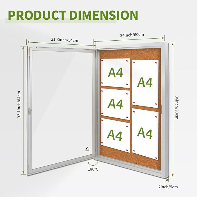 Lockable Outdoor Enclosed Bulletin Board, Weatherproof Cork Noticeboard with Locking Door, Wall-Mounted Aluminum Framed Display Case for Messages,36x24in (5xA4)-DeskLoop Office