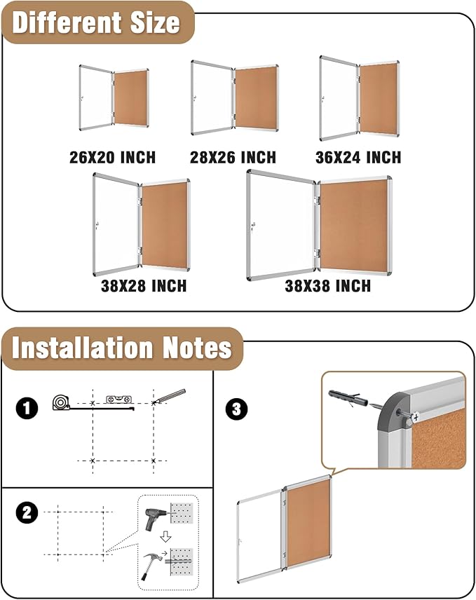 38"x38" Enclosed Bulletin Board, Lockable Weather-Resistant Aluminum Cork Noticeboard for School & Office, Silver Frame w/Cork-DeskLoop Office