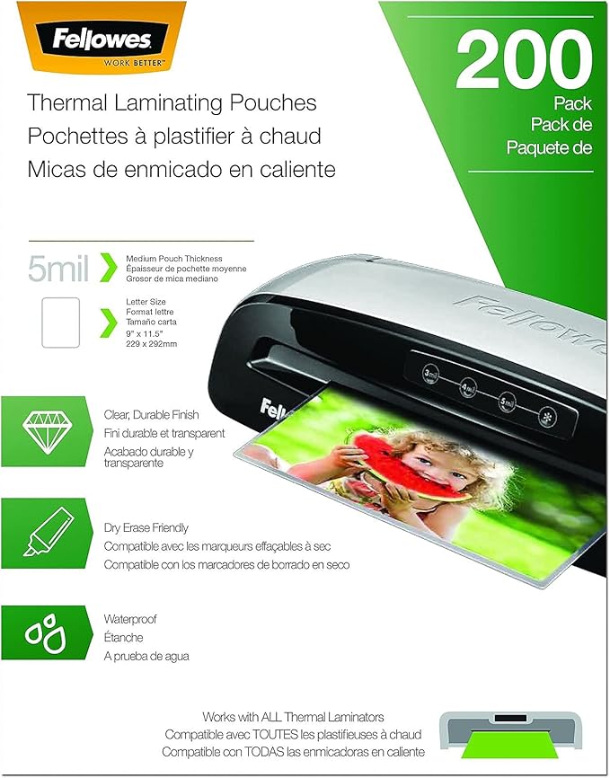 Fellowes Thermal Laminating Pouches, Letter Size Sheets, 5mil 200pk, Clear (5743601)-DeskLoop Office