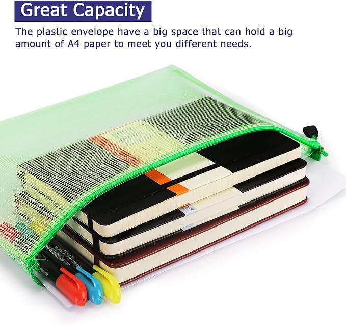 6 Pack Mesh Zipper Pouch Bags, Waterproof Zipper Pouch A4 Size | Zip File - Image 5