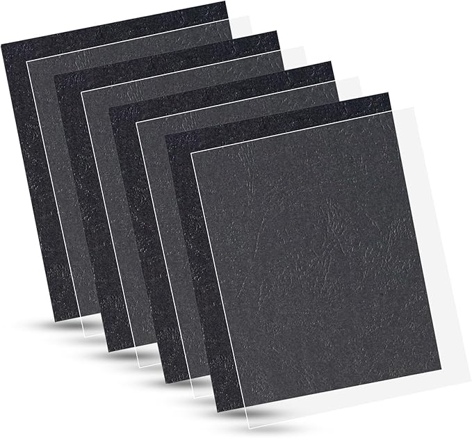 100 Pack Binding Covers Set, 8.5x11 Inches, Including 50 Pcs 5 Mil Clear PVC Binding Covers, 50 Pcs 12 Mil Black Paper Leather Textured-DeskLoop Office