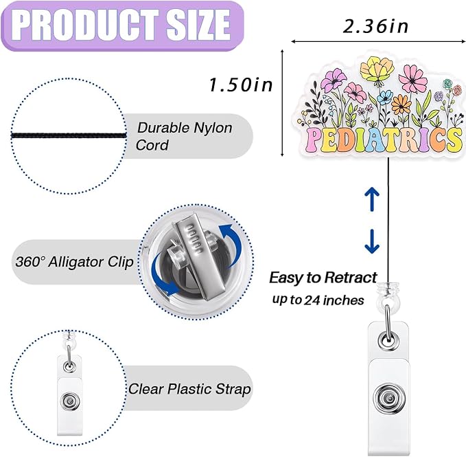 Cute Pediatrics Badge Reel Retractable, Elegant Floral Pediatric Nurse Badge ID - Image 2