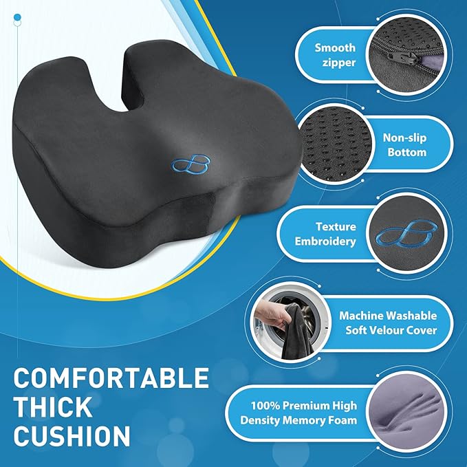 BlissTrends Seat Cushion,5.2in Thick Memory Foam Cushions for Office Chair, Car Seat, Airplane, Relieving Pressure Tailbone Sciatica Back Pain for Long Sitting Office Workers, Car Drivers Grey-DeskLoop Office