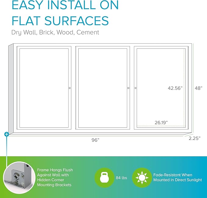 Ghent 48" x 96" 3-Door indoor Enclosed Recycled Rubber Bulletin Board, Shatter Resistant, with Lock, Satin Aluminum Frame,Confetti (PA34896TR-CF)-Made in USA-DeskLoop Office
