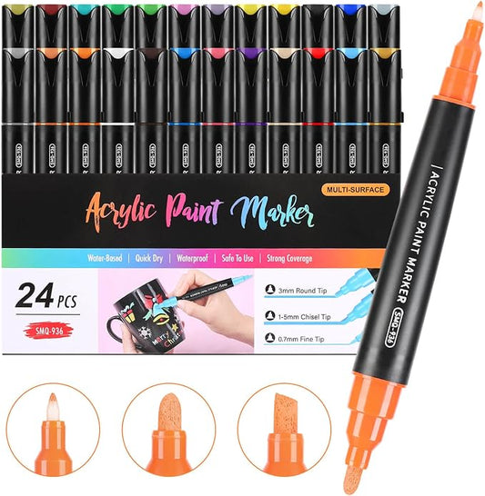Coogert 24 Colors Three Tips Acrylic Paint Markers, Fine Medium Chisel Tip by CoogertPaintPens