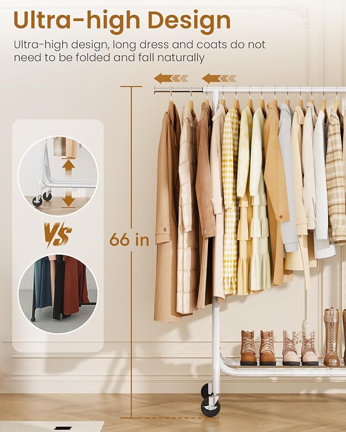 Heavy Duty Clothes Rack, Metal Clothing Rack Load 450 LBS, Rolling Coat Racks for Hanging Clothes with Lockable Wheels, Wardrobe Closet Garment Racks for Bedroom, White-DeskLoop Office