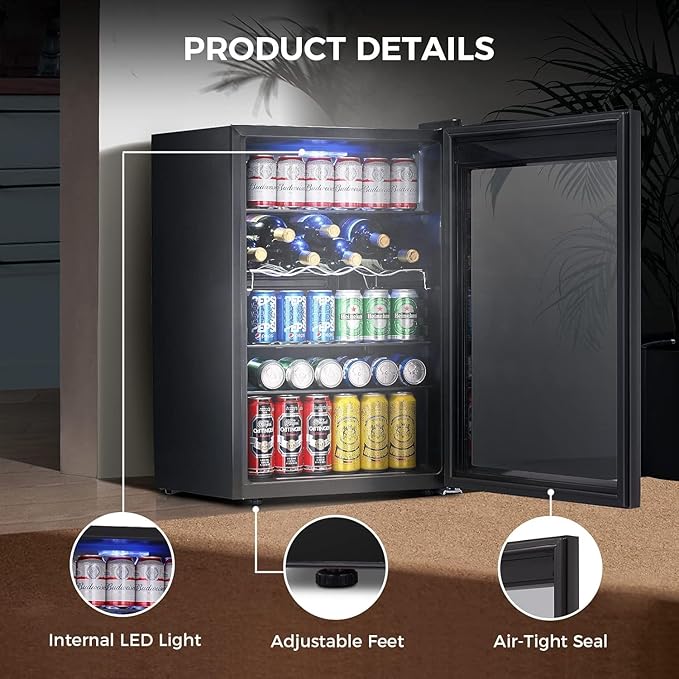Kismile 4.5 Cu.ft Beverage Refrigerator and Cooler, 145 Can Mini Fridge Glass Door,Digital Temperature Display for Soda, Beer or Wine, Small Drink Dispenser Cooler for Home, Office or Bar(Black)-DeskLoop Office