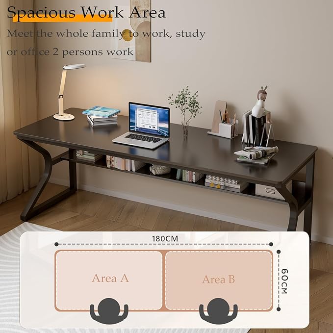 Extra Long Desk with Bookshelf - 71" Double Long Writing Table for 2-Person Workstation, Modern Study Work Computer Desk for Home and Office, Black-DeskLoop Office