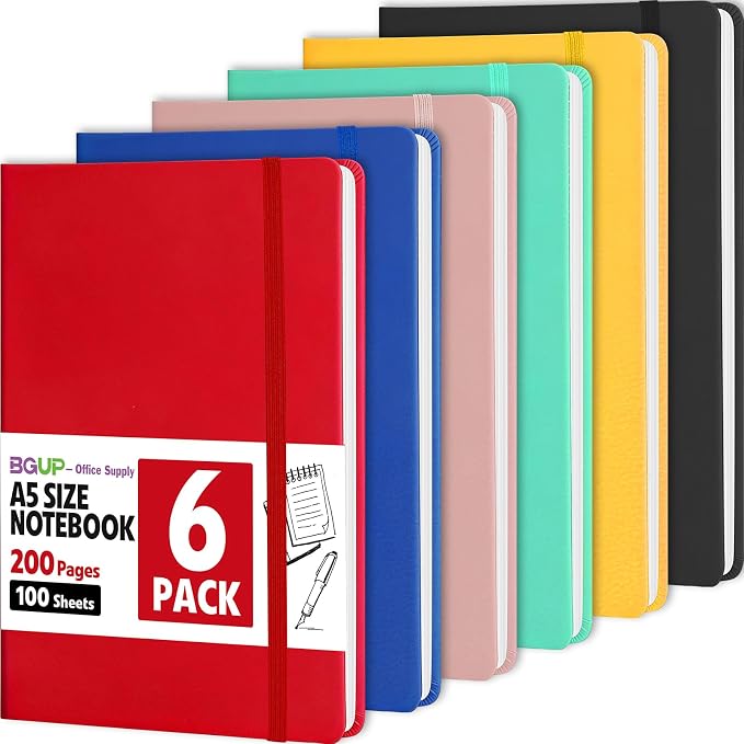 6 Pack Lined Journal Notebook for Work, 200 Pages, Medium 5.5" x 8.3", A5 by BGUP