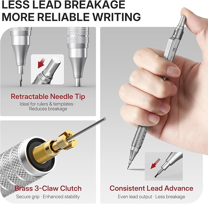 WUO 0.5mm Mechanical Pencil Set, 3 Silver Metal Drafting Pencils - Image 3