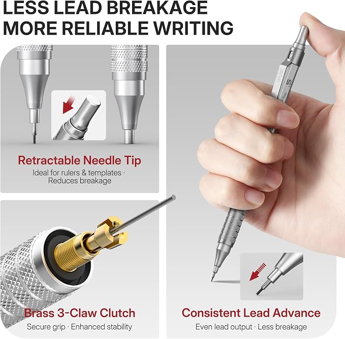 WUO 0.5mm Mechanical Pencil Set, 3 Metal Drafting Pencils - Image 3