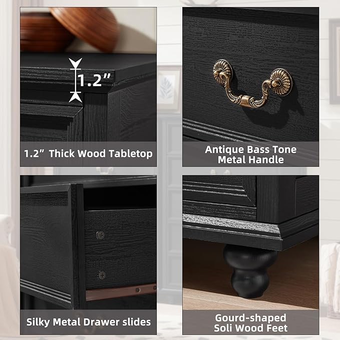 Farmhouse 5 Drawer Dresser for Bedroom, 45" Tall Rustic Chests of Drawers w/ 4 Solid Wood Feet, Mid Century Modern Wooden Closet Storage Dressers Organizer for Living Room, Hallway, Black-DeskLoop Office