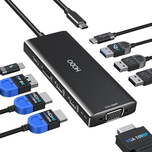 HODO USB C Docking Station Dual Monitor Adapter for Dell HP, Laptop Docking Station 3 Monitors Quad Display USB C Hub Dongle to 2 HDMI 4K,DP 8K, VGA,4 USB,PD, Adapter 9 in 1 Laptop Dongle-DeskLoop Office