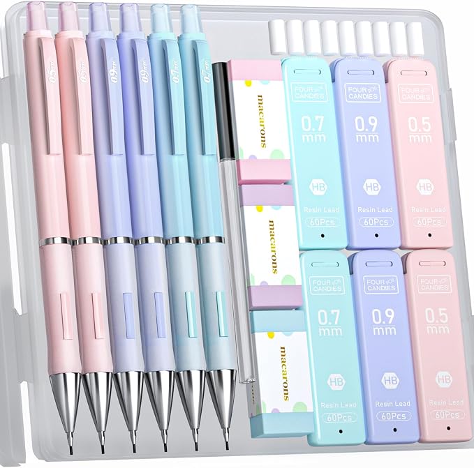 Four Candies Cute Pastel Mechanical Pencil Set, 0.5/0.7/0.9mm, 6 Pack | 360 by FourCandies
