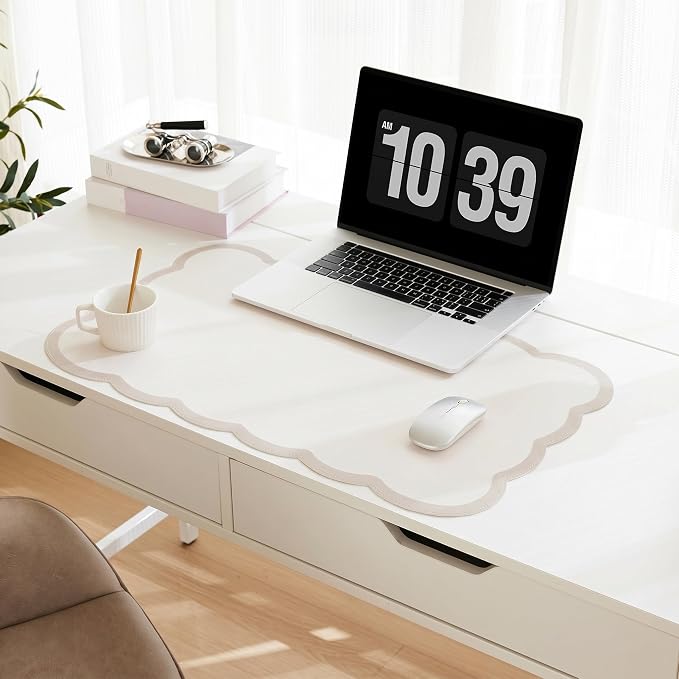 Scalloped Desk Mat, 23.6" x 11.8" Cute Small Beige Sand Aesthetic Desk by Ohocut
