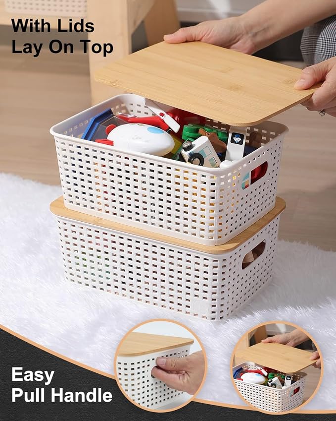 6 Pack Storage Bins with Bamboo Lids, Plastic Storage Baskets and Storage - Image 5