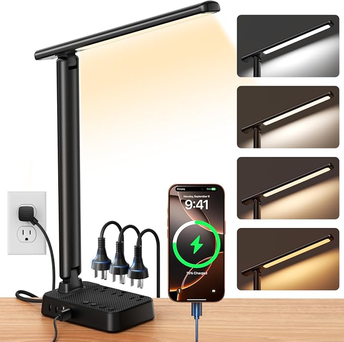LED Desk Lamp with Power Strip, 3 AC Outlets & 4 USB Ports, Stepless Dimming & by Sompaty