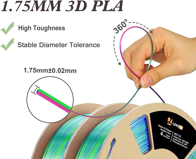 LOVOON Silk PLA 3D Printing Filament Bundle 2KG, PLA Filament 1.75mm Shiny - Image 4
