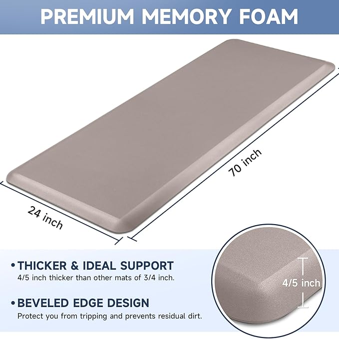 4/5 Inch Thick Kitchen Mats for Floor, StepRite Kitchen Rug for Standing Desk, Non-Slip, Thicker, Stain Resistant, Waterproof, Comfort Anti Fatigue Floor Mat for Home, Kitchen, Office - Khaki,70*24''-DeskLoop Office