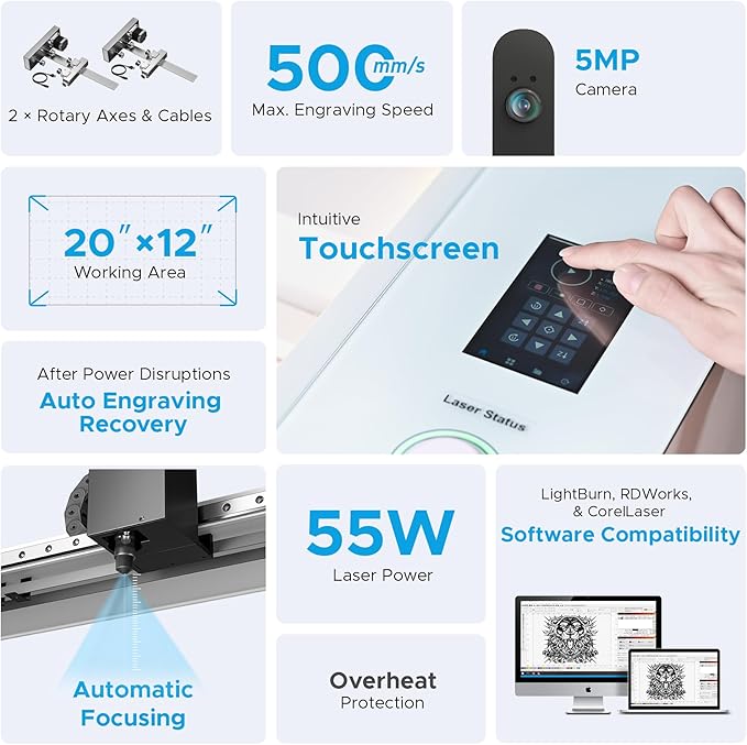 OMTech Polar+ 55W CO2 Laser Engraver Cutter with LightBurn, 20"x12" Work Area, 5MP Camera, Dual Rotary Axes, 500mm/s Speed, with Water Pump, Laser Cutting Machine for Wood Acrylic Glass More-DeskLoop Office
