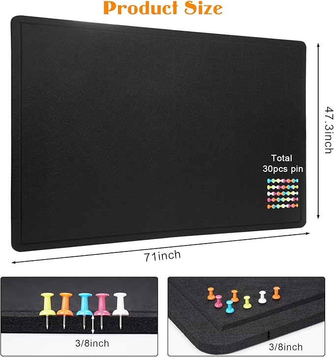 Large Bulletin Board - 72 X 48 inches Cork Board with 30 Pushpin, 6' x 4' Felt Cork Board Notice Pin Board, Self-Adhesive Vision Board Mood Board Foldable Photo Board for Wall (Black)-DeskLoop Office