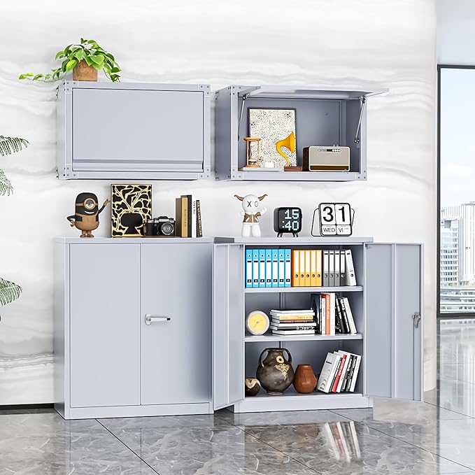 INTERGREAT Metal Cabinet with Lock, Lockable Metal Storage Cabinets with Doors and Shelves for Garage, Cement Grey Locking Garage Storage Cabinets 36"×32"×16"-DeskLoop Office