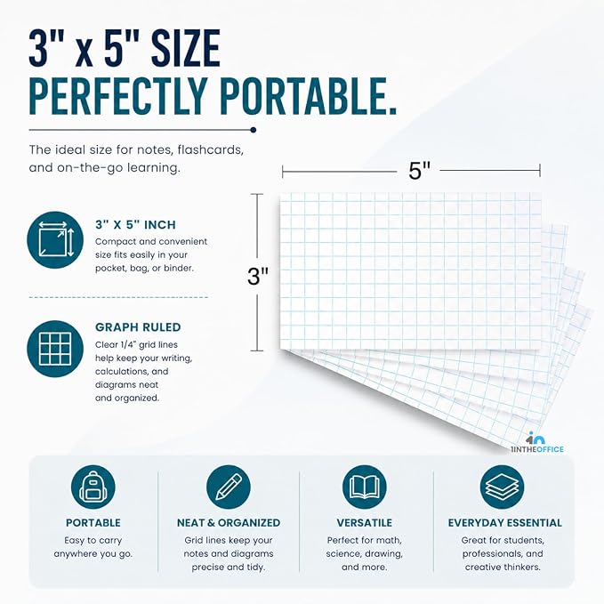 1InTheOffice Index Cards 3x5 Graph Ruled White, Grid Index Cards 200/Pack - Image 3