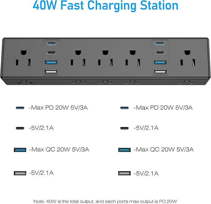 40W Fast Charging Station, VILONG Desk Clamp Power Strip, Desktop Mount Surge Protector, 8 USB Ports(4 USB-C), 10 AC Outlets and 6Ft Cord, for Home, Office, Fit 1.6" Tabletop Edge-DeskLoop Office