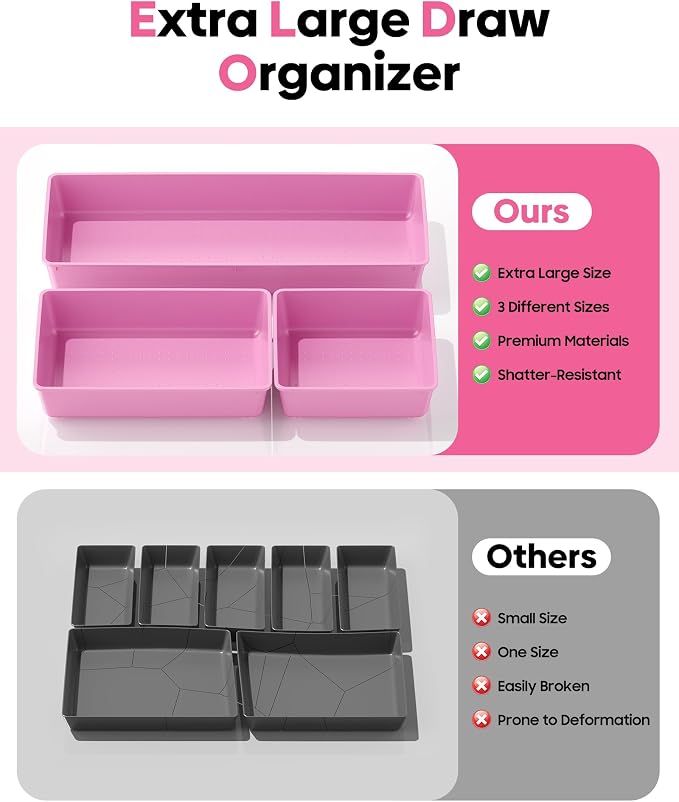 10 Pack Large Size Plastic Drawer Organizers Set, 3 Sizes Desk Drawer Organizer - Image 3