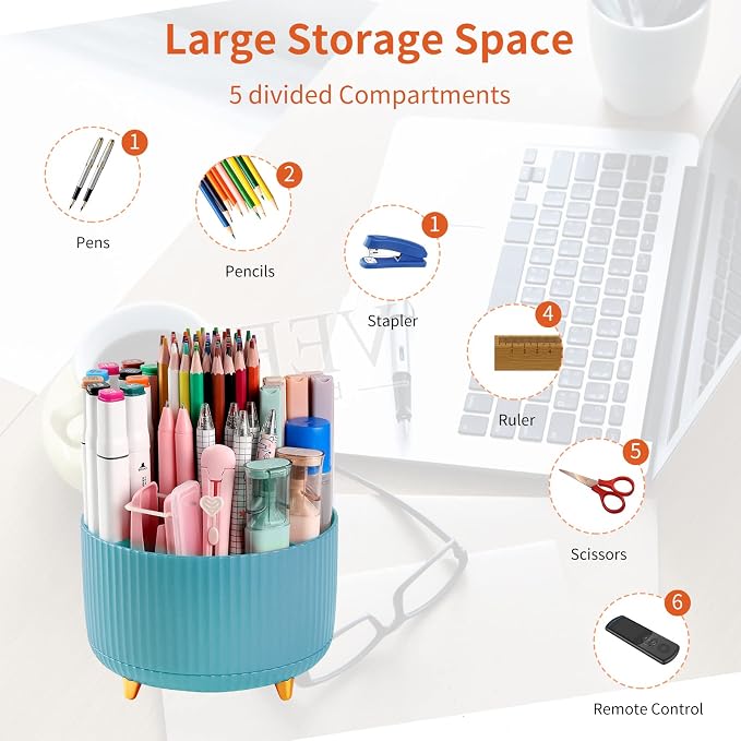 Desk Pencil Pen Holder, 5 Slots 360°Degree Rotating Organizers for, Desktop - Image 3