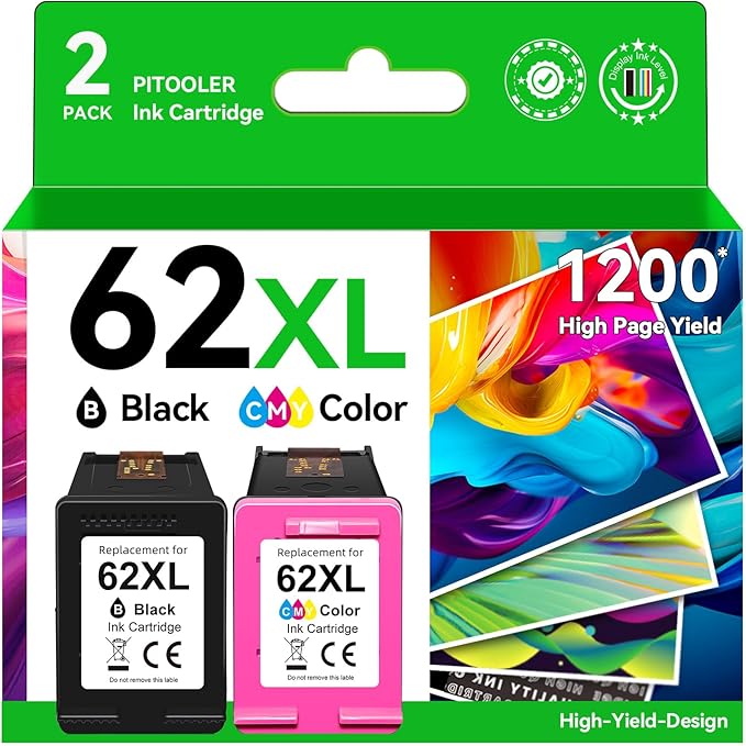 62XL Ink Cartridge Combo Pack Compatible for HP Ink 62 Black Color Compatible for Envy 7640 7645 5660 5665 5642 5540 OfficeJet 8045 8040 5746 5745 250 200 Printer-DeskLoop Office