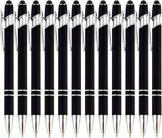 PASISIBICK 12 Pieces Black Ballpoint Pen with Stylus Tip, 2 in 1 Stylus Pen, Premium Metal Stylus Pen for Touch Screens, Black Ink, 1.0 mm Medium Point(12 Black)